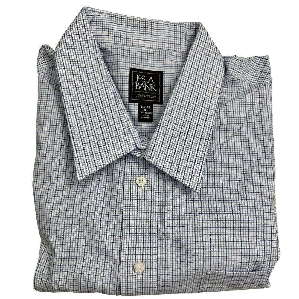 Jos. A. Bank Shirt Traveler Slim Fit Button Down White and Blue Plaid Size XXL.